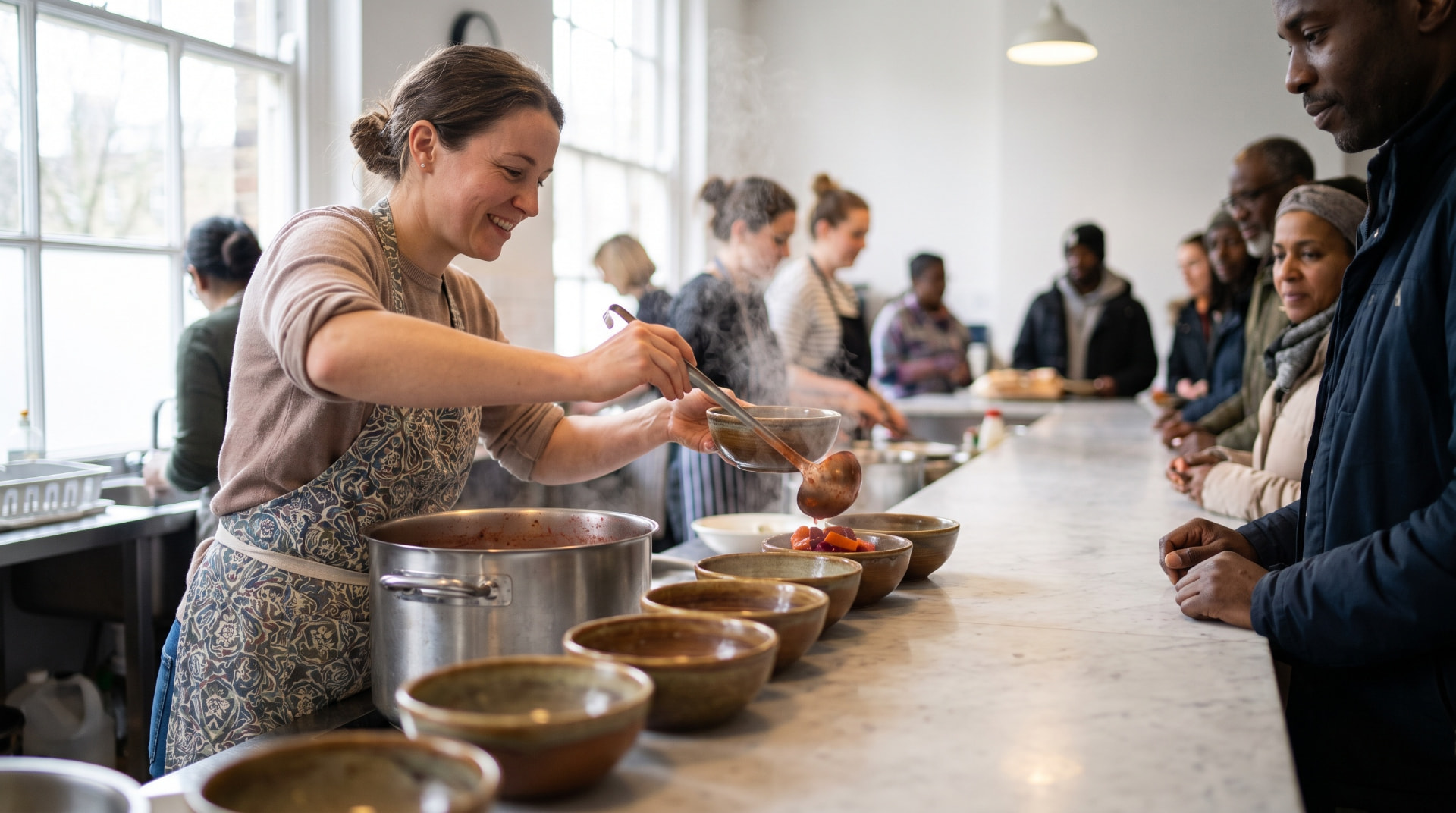 A volunteer ladles soup from a large pot into rows of bowls in a bright community kitchen while people wait at the counter to be served.