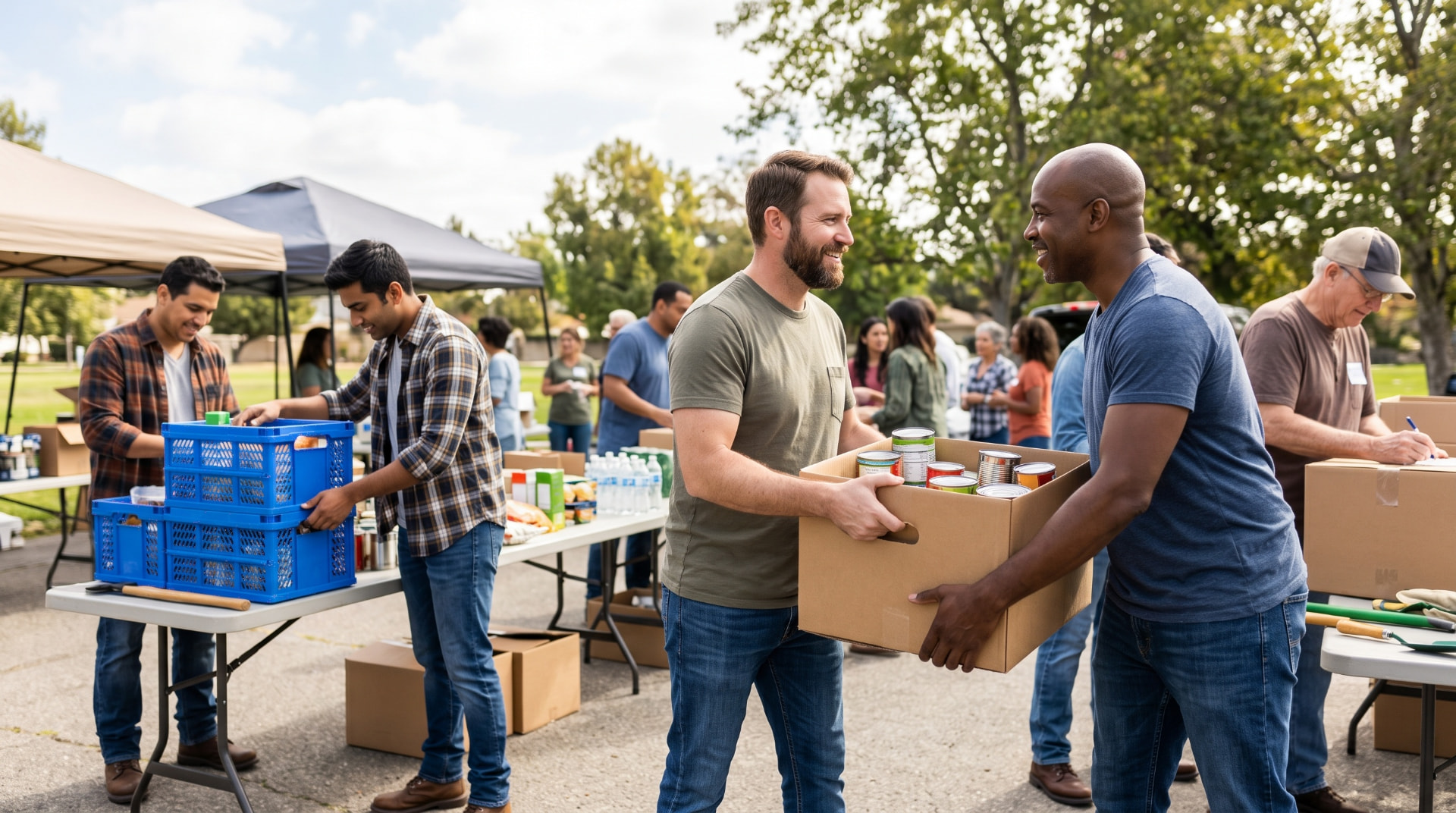 Two men outdoors at a community food bank hand over a cardboard box of tinned goods, with gazebos, tables and other volunteers sorting crates behind them.