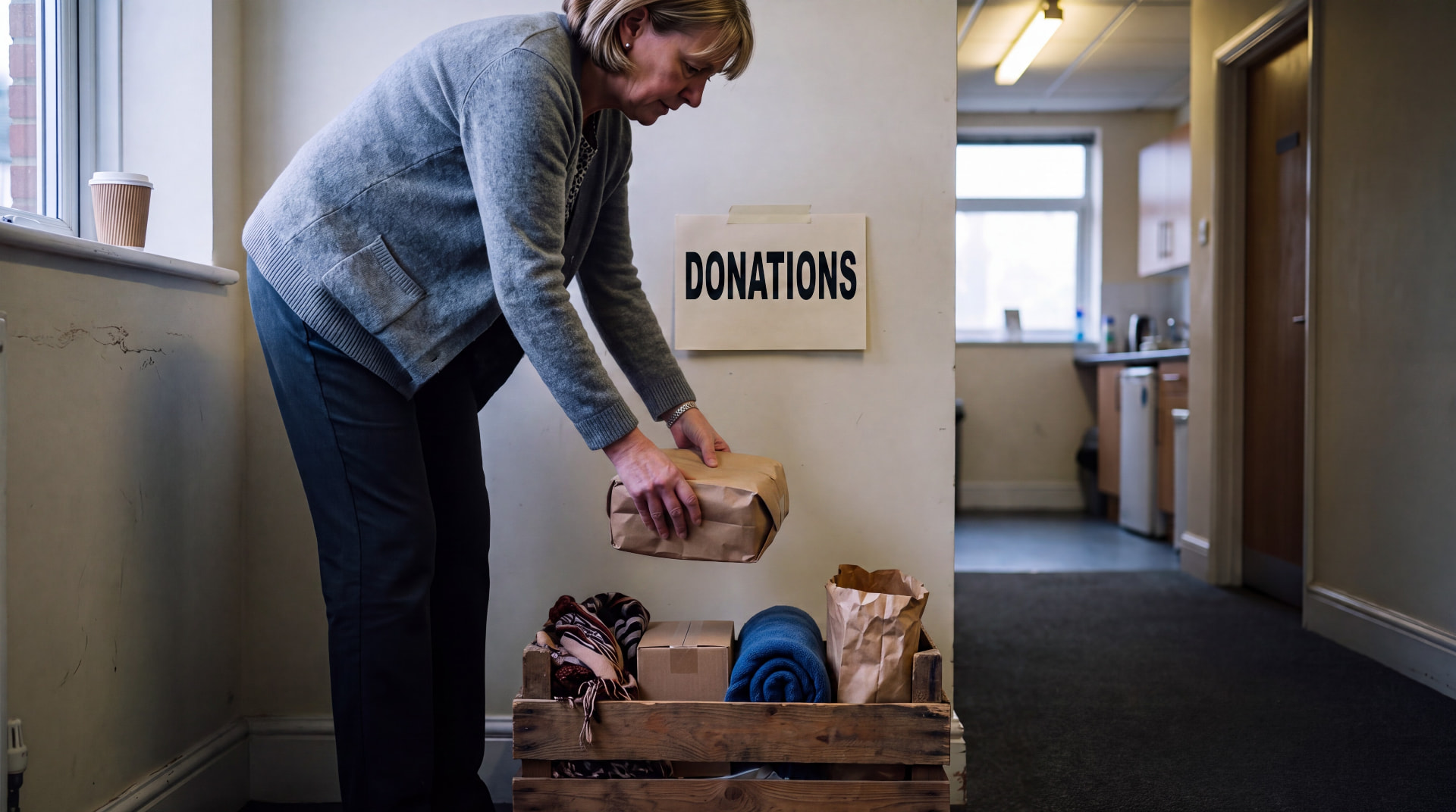 A woman places a wrapped parcel into a wooden crate of donated clothing and food beneath a handwritten Donations sign in a worn office corridor.