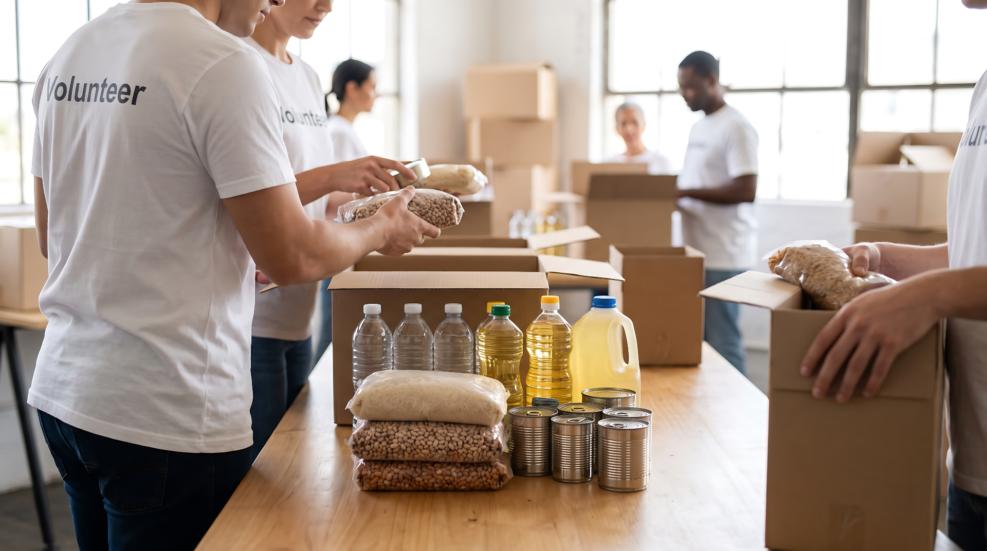 Volunteers in Volunteer-branded t-shirts pack bags of rice, beans, cooking oil and tinned food into cardboard boxes at a long table indoors.